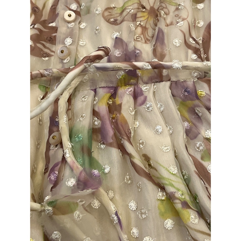 Alexis Floral Print Mini Dress Balloon Sleeve Button Front Tie‎ Waist Sheer - Picture 7 of 11
